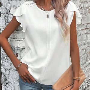 Plain Lace Edge Flouncing Short Sleeve Crew Neck Casual Tunic Shirt