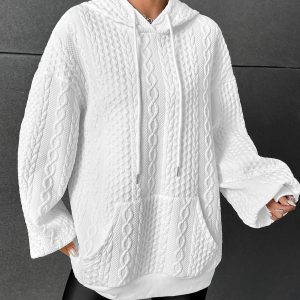 Drop Shoulder Kangaroo Pocket Textured Drawstring Hoodie