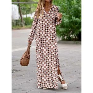 Women’s Casual Printed Geometric Split Printed Outdoor Satin Dress