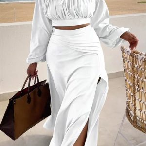 White Casual Vacation Solid Slit Fold Off the Shoulder Long Sleeve Two Pieces