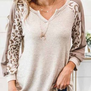 Leopard Print V-Neck Waffle Top