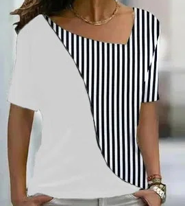 Asymmetrical Neck Striped Color Block Basic Casual Cotton-Blend T-Shirt/Tee