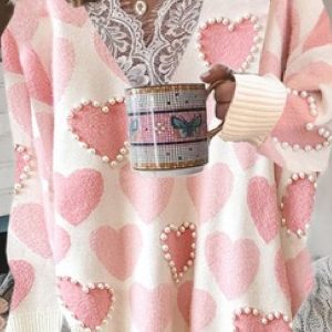 Beaded Heart Print Lace Paneled Sweater