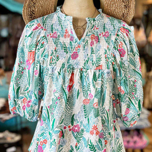 Floral Print Smocked V-Neck Blouse