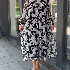Fashion Casual Lapel Long Sleeve Print Dress