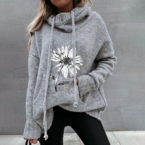 Grey Hoodie Floral Print Sweater