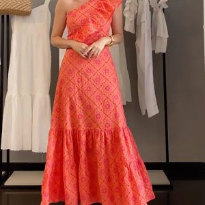 Ruffle Shoulder Long Slim Lace Dress