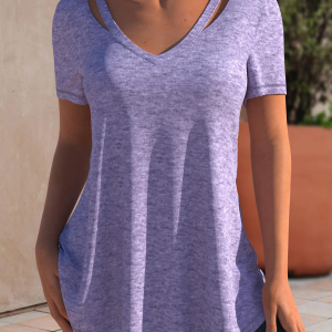 V Neck Cut-out Basic Plain Casual Short Sleeve T-Shirt/Tee