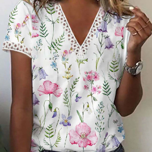 V Neck Floral Lace Casual T-Shirt/Tee