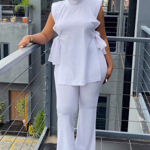 High Neck Sleeveless Tied Up High Slit Top Straight Leg Pants White Matching Sets [Pre Order]