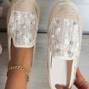 Women Faux Pearls Floral Lace Espadrille Mules