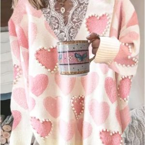 V-Neckline Geometric Casual Regular Lace Sweaters