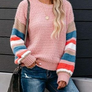 Striped Pattern Sleeve Crew Neck Pullover Sweater