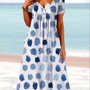 Round Neck Casual Loose Smudge Print Short Sleeve Midi Dress