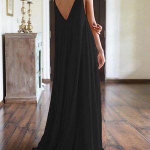 V-neck Solid Color Suspender Dress