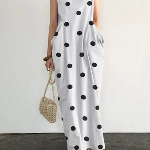 Women’s Long Dress Maxi Dress Casual Dress White Dress Print Dress Polka Dot Fashion Casual Daily Holiday Vacation Ruched Pocket Sleeveless Crew Neck Dress Loose Fit Black White Yellow Summer Spring #9554416