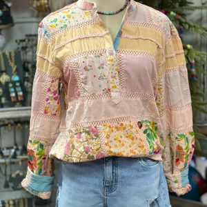 Casual Floral Print Patches Top 100%Cotton