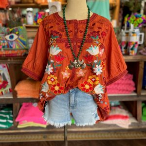 100% Cotton Boho Floral Embroidered Top