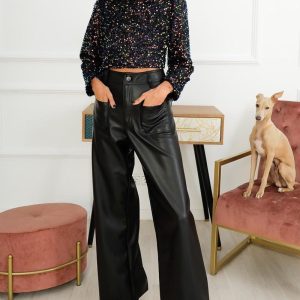 Sequin Long Sleeve Top Leather Pants Set