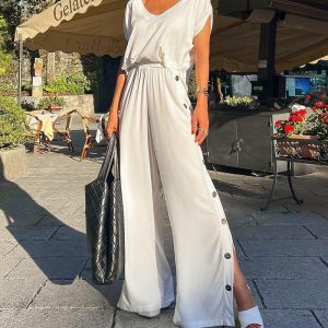 Loose backless T-shirt & button-down trousers two-piece set