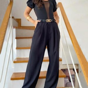 Two-piece suit of sexy see-through puff sleeve top & pants