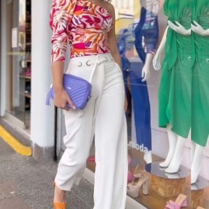 One-Shoulder Printed Top Lace Pants Casual Suit