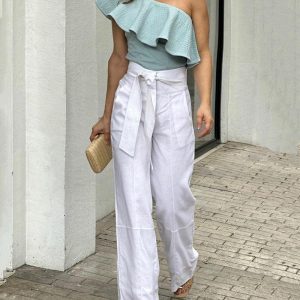 Two-piece set of elegant one-shoulder ruffled top & trousers