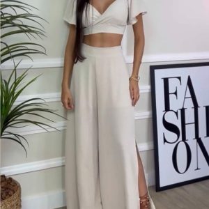 Solid Color Jacket Slit Pants Set