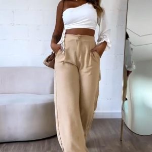 Long Sleeve Shoulder Jacket Straight Pants Set