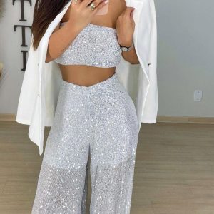 Sexy Sequin Chest Jacket Pants Set