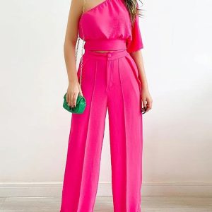 Single-sleeve cropped shirt & high-waisted wide-leg pants two-piece set