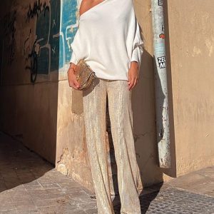 Casual Knit Top & Shiny Pants Two-Piece Set