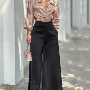 Two-piece set of lapel kink shirt & solid color wide-leg pants