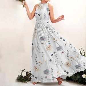 Breezy Plant Print Halter Maxi Dress