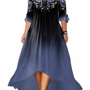 Women’s Plus Size Casual Dress Swing Dress Floral Gradient Long Dress Maxi Dress 3/4 Length Sleeve Plus High Low Print Crew Neck Fashion Outdoor Blue Summer Spring L XL XXL 3XL 4XL
