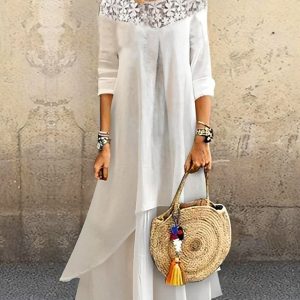 Women’s Casual Dress Cotton Linen Dress Tiered Dress Maxi long Dress Cotton Blend Fashion Modern Outdoor Daily Vacation Crew Neck Lace Patchwork Half Sleeve Summer Spring Fall 2024 Loose Fit White#9553334