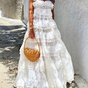 Women’s Long Dress Maxi Dress Casual Dress Chiffon Dress Swing Dress Plain Fashion Modern Daily Holiday Vacation Ruffle Layered Sleeveless Square Neck Dress Regular Fit White Summer Spring S M L XL#9554446
