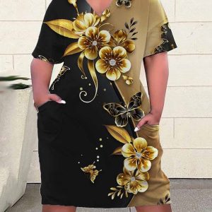 Women’s Plus Size Casual Dress Floral Rose Midi Dress Short Sleeve Pocket Print V Neck Fashion Outdoor Yellow Red Summer Spring L XL XXL 3XL 4XL