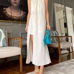 Sleeveless Slit Dress & Shorts Solid Color Set