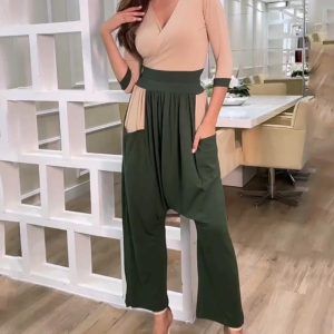 V-Neck 3/4 Sleeve Top & Colorblock Harem Pants Set