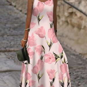 Women’s Long Dress Maxi Dress Casual Dress A Line Dress Summer Dress Floral Fashion Streetwear Daily Date Going out Print Sleeveless Strap Dress Regular Fit White Pink Summer Spring S M L XL XXL#9536969