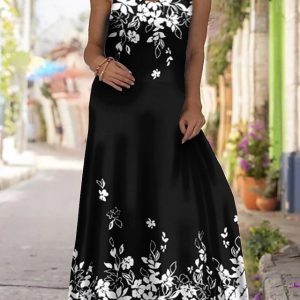 Women’s Plus Size Casual Dress Strap Dress Floral Long Dress Maxi Dress Sleeveless Print Strap Fashion Outdoor Black White Summer Spring L XL XXL 3XL 4XL