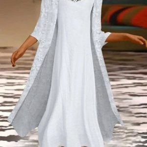 Women’s Casual Dress Cotton Linen Dress Dress Set Maxi long Dress Cotton Blend Elegant Modern Outdoor Daily Vacation Crew Neck Lace Patchwork 3/4 Length Sleeve Summer Spring Autumn 2023 Loose Fit #9551905