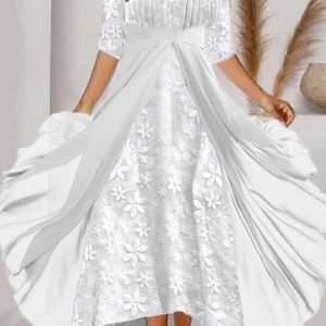 Women’s Casual Dress Cotton Linen Dress Swing Dress Maxi long Dress Cotton Blend Fashion Elegant Outdoor Daily Split Neck Embroidered Button Half Sleeve Summer Spring Fall 2024 Regular Fit White#9551908